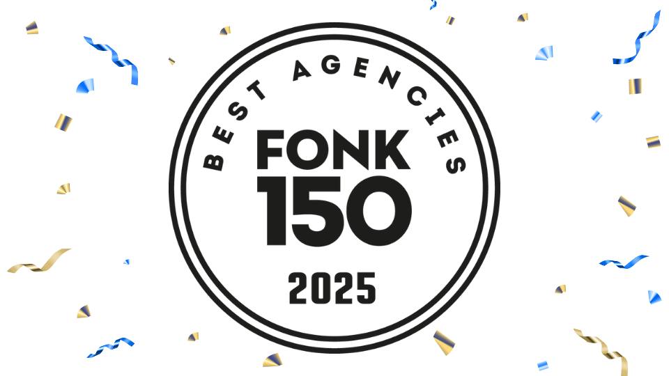 Het officiële logo van FONK150, kwaliteitskeurmerk voor digital agencies. Aviva heeft in 2025 de top behaald met een score van 8,73.