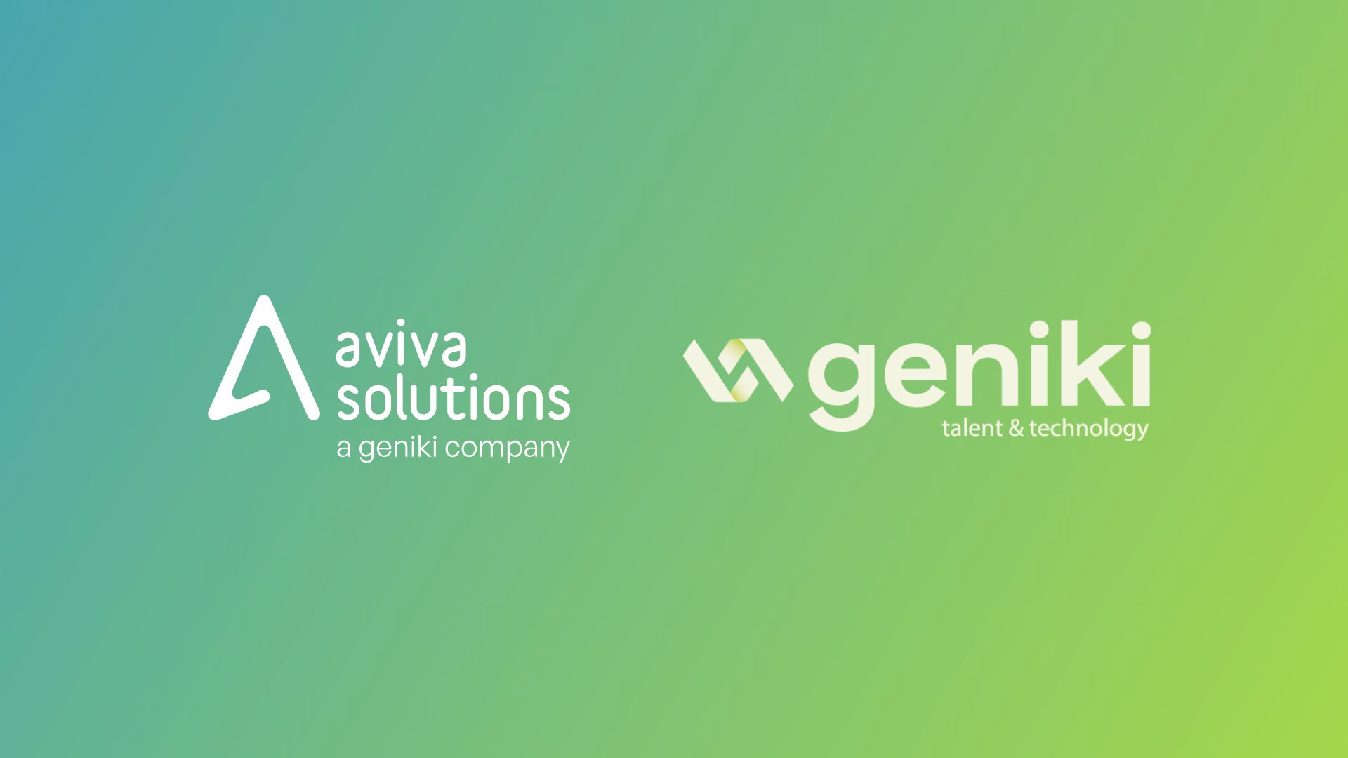 Het logo van Aviva Solutions en het logo van Geniki, op een groengekleurde achtergrond.