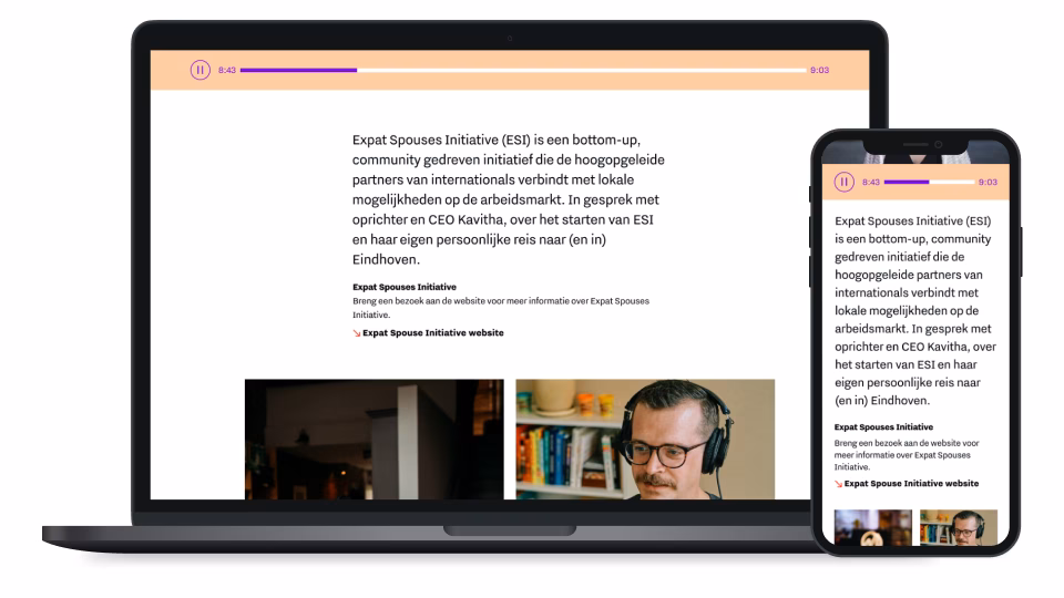 Een laptop en een mobiele telefoon met daarop een Eindhovense podcast