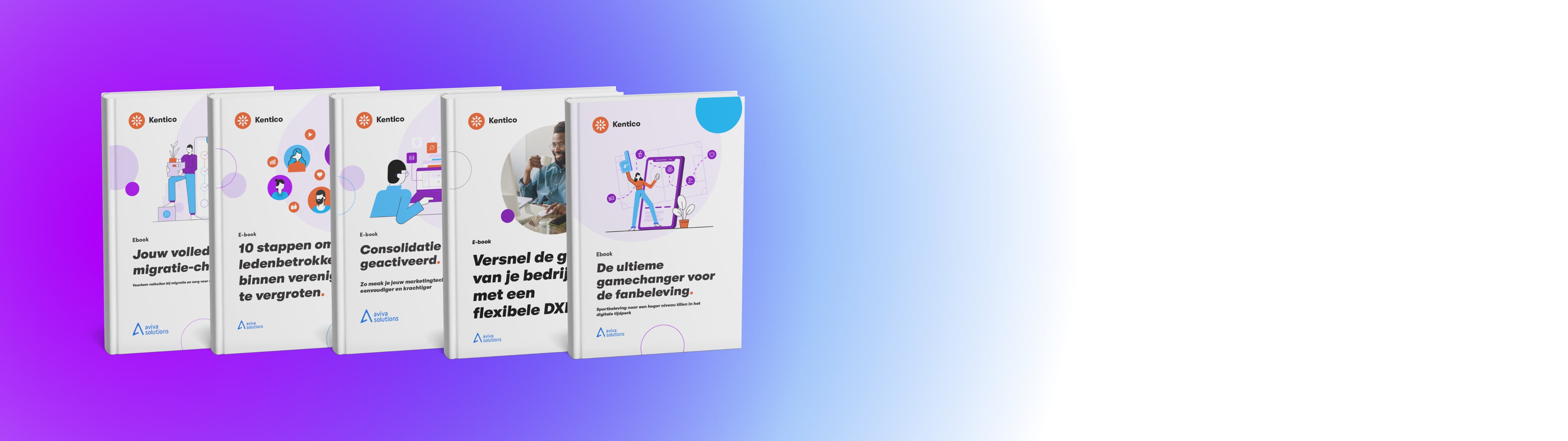 Het logo van Kentico, omsingelt door verschillende eboeken.