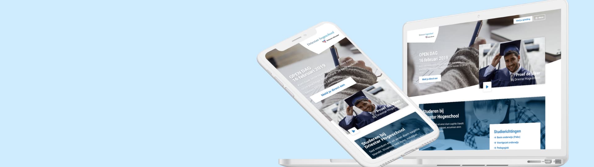 Een mobiele telefoon en een laptop, met daarop de website van Driestar Hogeschool, gemaakt door Aviva Solutions.