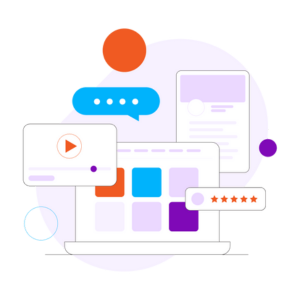 Stylised Kentico icon showing a loptop, a video, and several text bubbles.