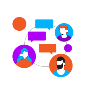 Stylised Kentico icon with several people and speechbubbles.