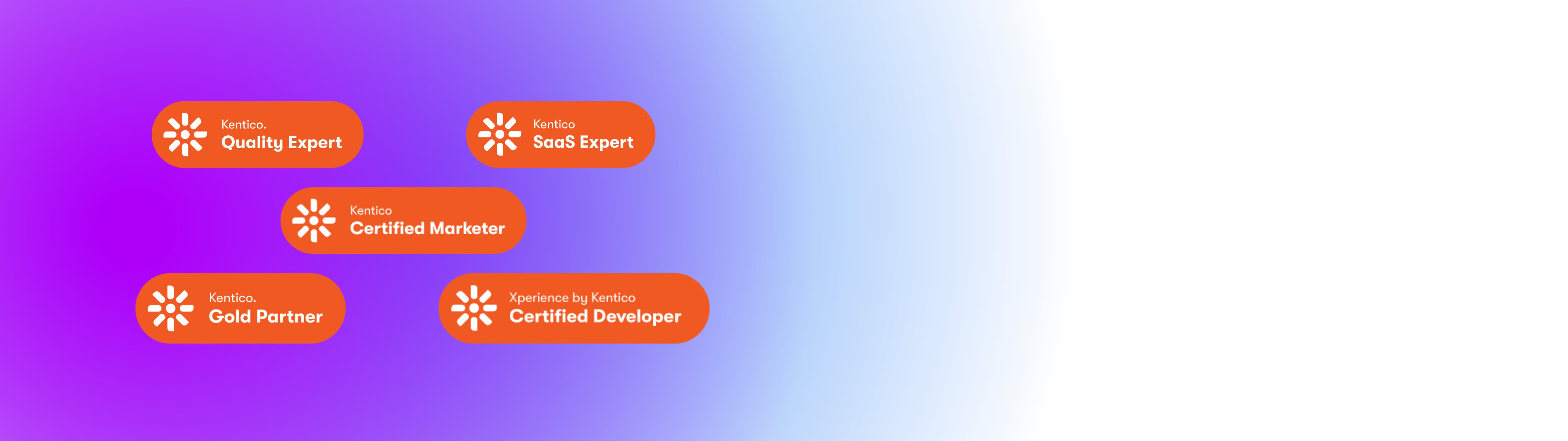 Een blauw-paarse banner met daarin verschillende Kentico Certifcering badges van Aviva Solutions. In de banner: Quality Expert, Gold Partner, Certified Marketer, Certified Developer, SaaS Expert